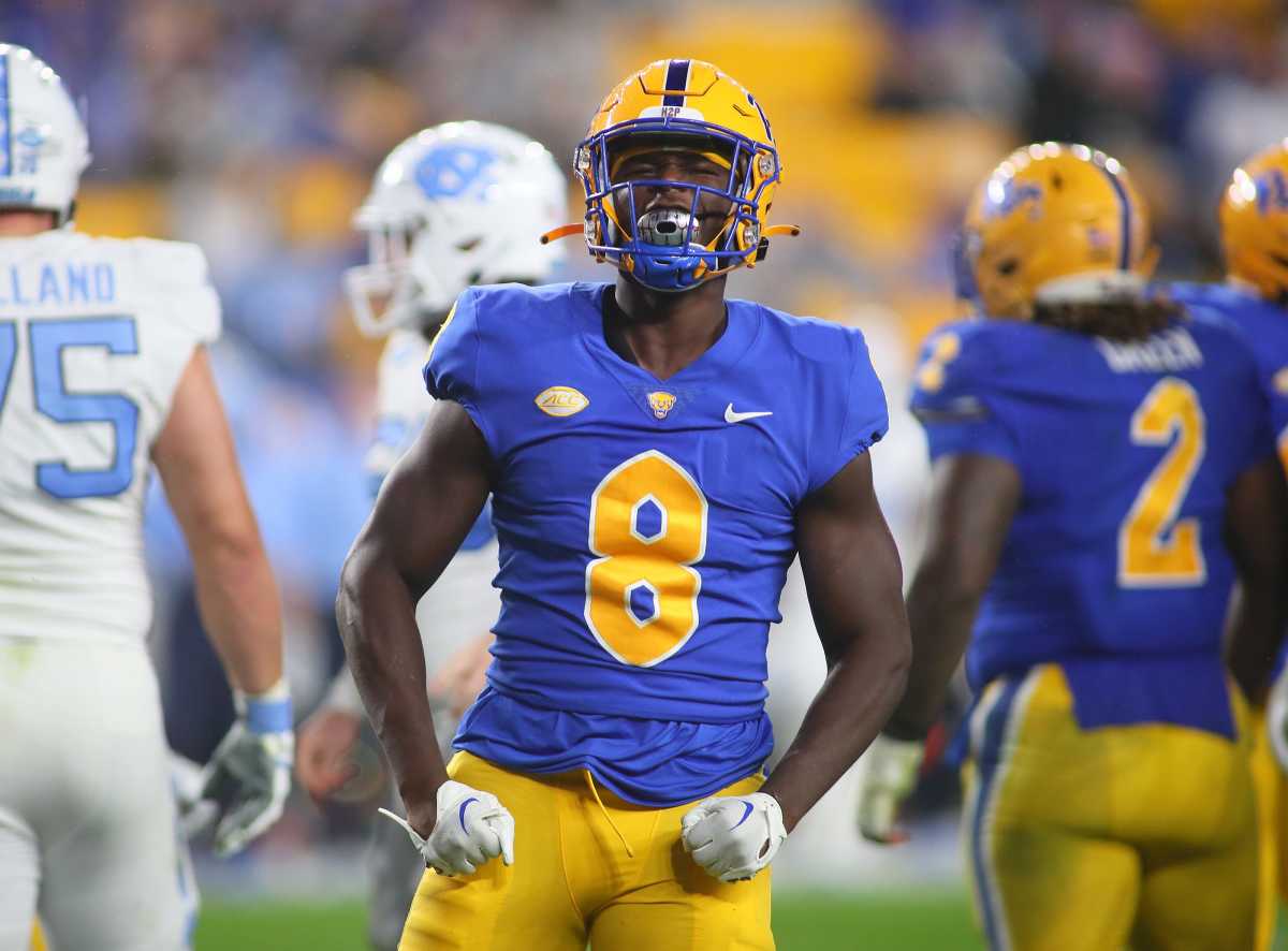 Pittsburgh Panthers Samuel Okunlola (8) reacts after sacking North Carolina Tar Heels Drake Maye during the first half at Acrisure Stadium in Pittsburgh, PA on September 23, 2023